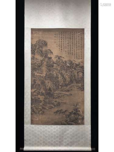 A CHINESE SCROLL PAINTING OF LANDSCAPE, SCRIPT CALLIGRAPHY