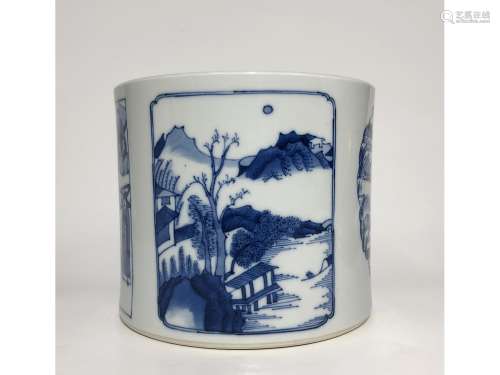 A BLUE AND WHITE BRUSH POT