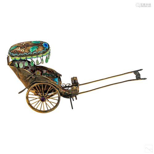 Chinese Gilt Silver Jeweled Enamel Sedan Carriage