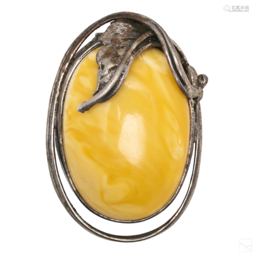 Russian Egg Yolk Amber and Sterling Silver Brooch
