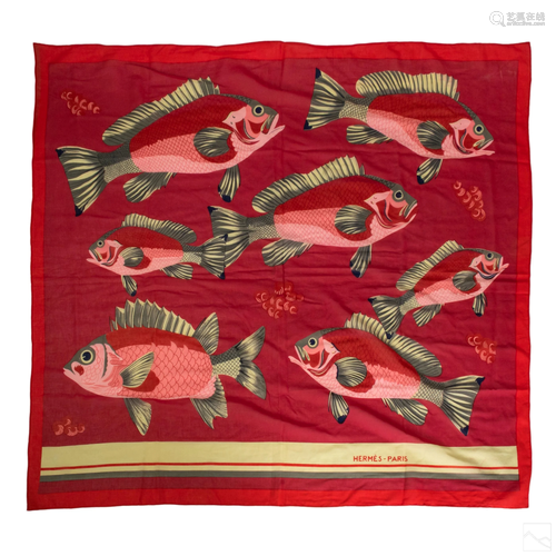 Hermes Designer Red Pink Fishes Cotton Shawl Scarf