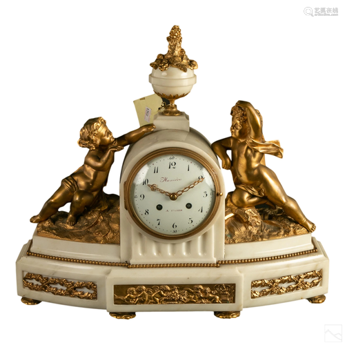 French Antique Marble and Dore Bronze Mantle Clock