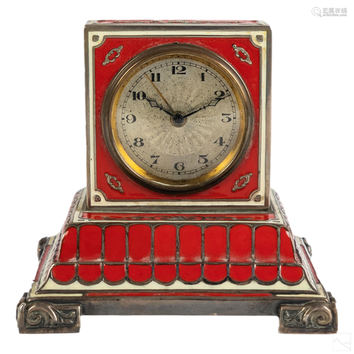 German Antique Silver and Enamel Alarm Desk Clock