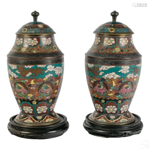 Chinese Pair Antique Bronze Cloisonne Covered Urns