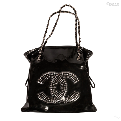 Chanel Black Patent Leather Crystal Shoulder Bag