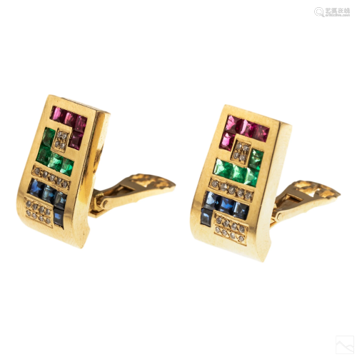 18K Gold Diamond Ruby Sapphire & Emerald Earrings