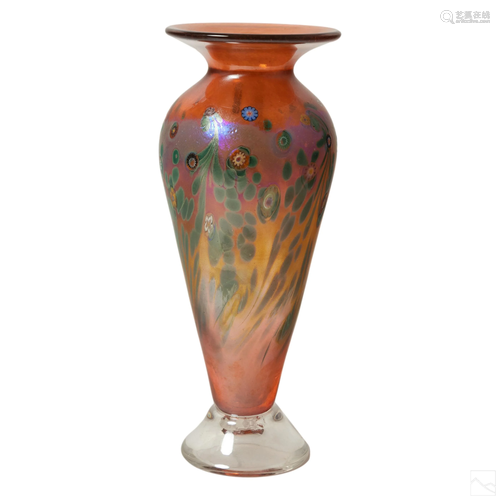 Iridescent Amber Millefiori Studio Art Glass Vase