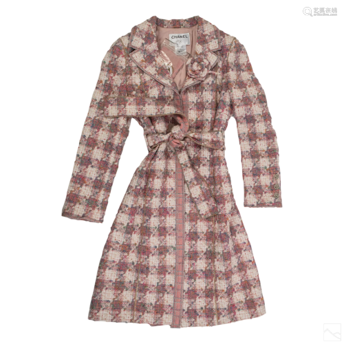 Chanel Pink Beige Tweed Long Sleeve Coat Size 42