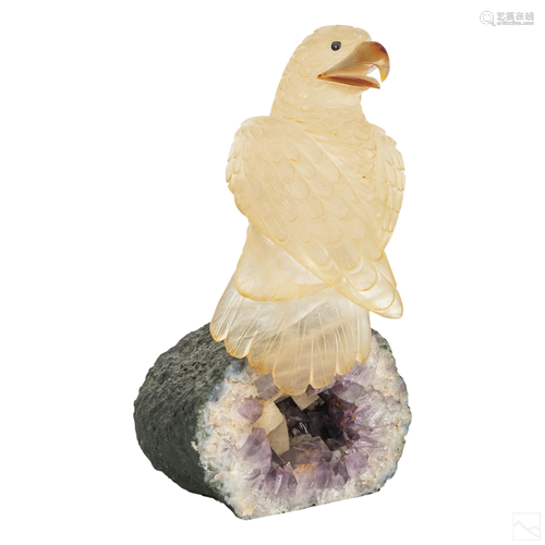 Carved Rock Crystal Parrot and Amethyst Geode Base