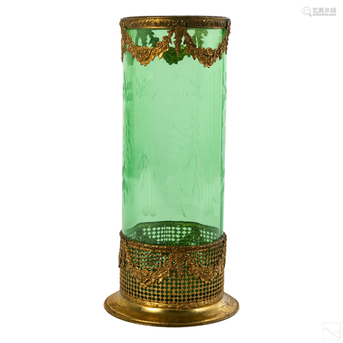 French Antique Dore Bronze & Green Cut Glass Vase