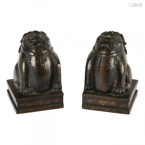 Pair Antique Chinese Bronze Foo Dog Bookends