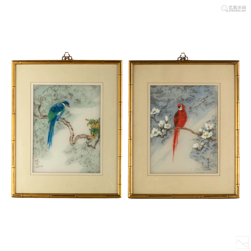 Chinese Birds Vintage Silk Paintings Estate Group