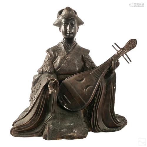 Japanese Geisha Girl Musician Bronze Art Sculpture