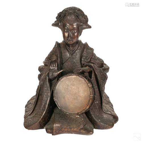 Japanese Geisha Girl Musician Bronze Art Sculpture