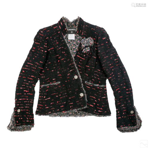 Chanel Long Sleeve Red and Black Tweed Knit Jacket