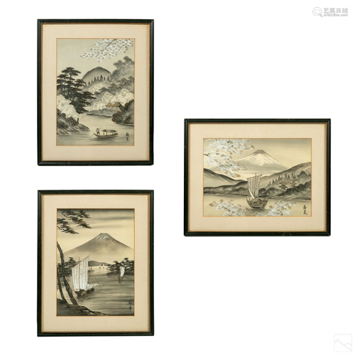 Japanese Early 20C. Framed Silk Embroideries Group