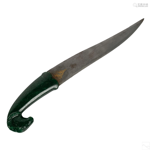 Green Carved Stone Ram's Head Gold Inlaid Dagger