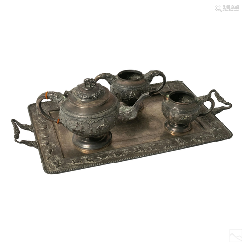 Indo Persian Antique Repousse Silver 4 Pc Tea Set