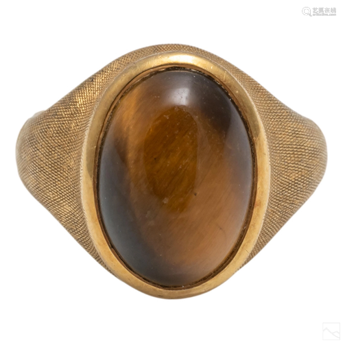 18K Gold Signed Men's Mid Century Tigers Eye Ring