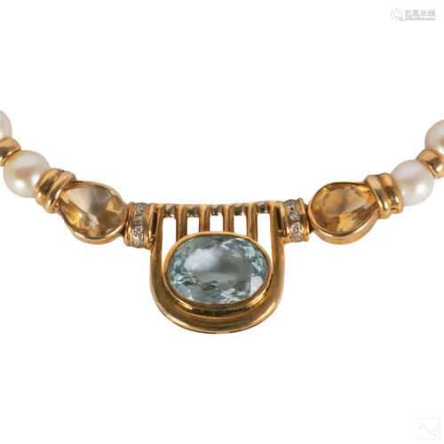 14K Gold Blue Topaz Citrine Diamond Pearl Necklace