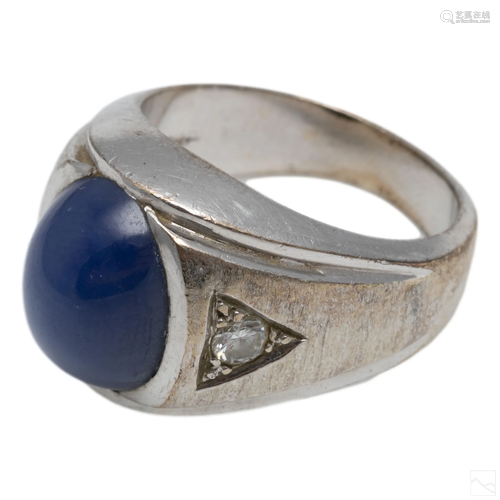 14K White Gold Men's Diamond & Star Sapphire Ring