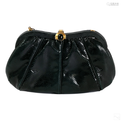 Judith Leiber Black Leather and Onyx Clutch Purse