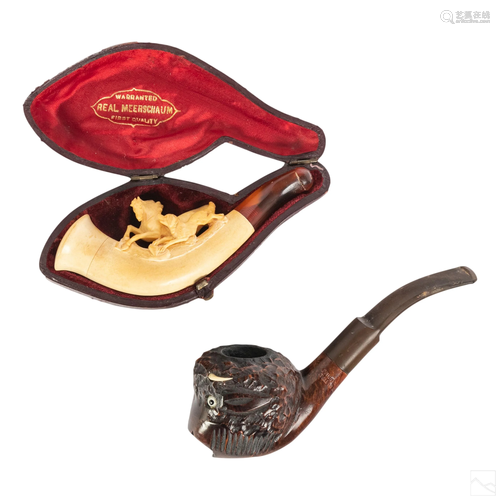 Meerschaum and Carved Wooden Buffalo Antique Pipes