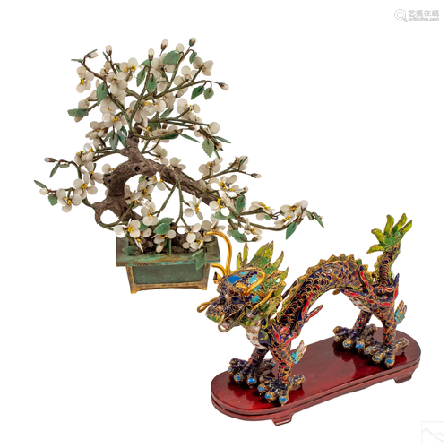 Chinese Export Cloisonne Dragon & Jade Tree Group