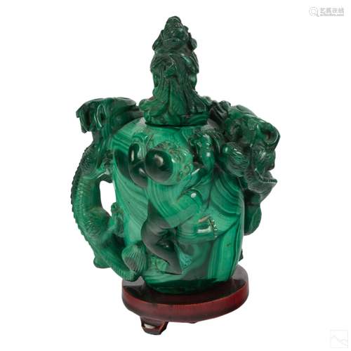 Chinese Green Malachite Dragon & Baby Snuff Bottle