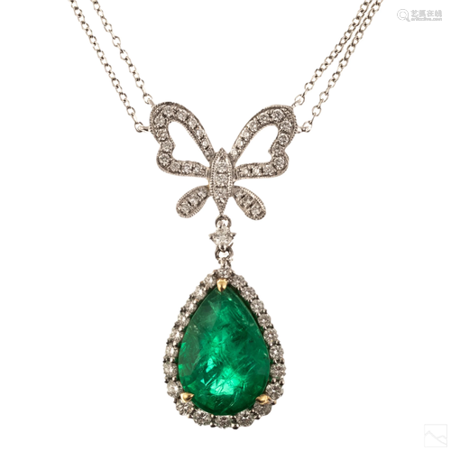 18K White Gold GIA Cert. Emerald Diamond Necklace