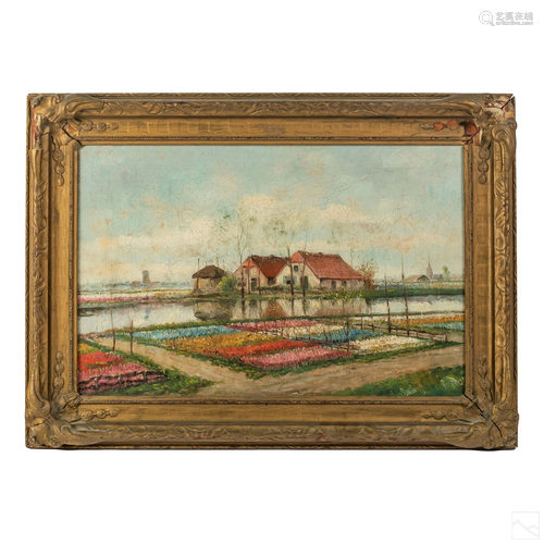 Dutch Garden Farmhouse Antique Landscape Painting