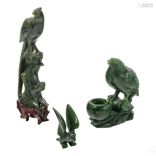 Chinese Carved Spinach Jade Bird Figurines Group