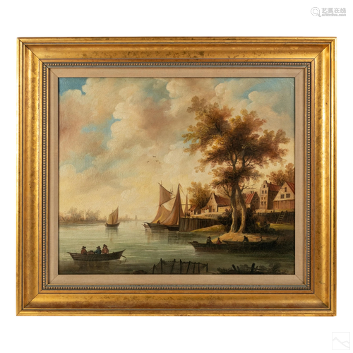 Seaside Harbor & Boats Antique Landscape Painting