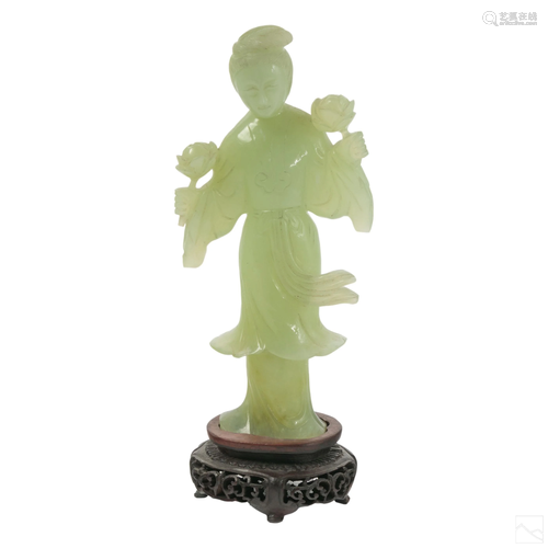 Chinese Carved Jade Kuan Yin Antique Lotus Figure