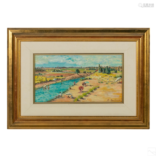 Summer Beach River Figural Landscape Oil Painting