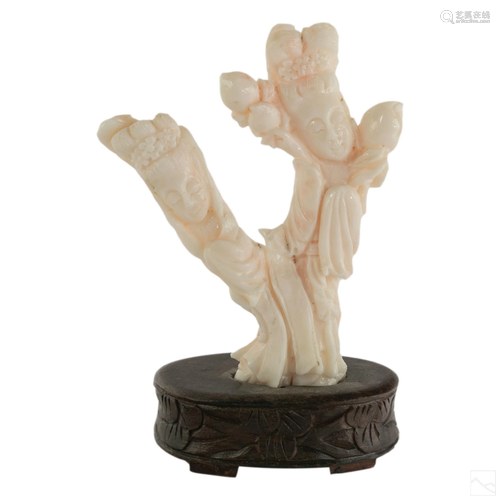 Chinese Carved Angel Skin Coral Kuan Yin Figurine