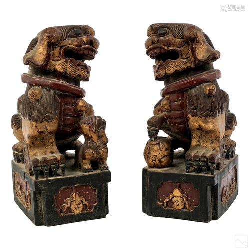 Chinese Carved Wood Lacquer & Gilt Foo Dog Figures