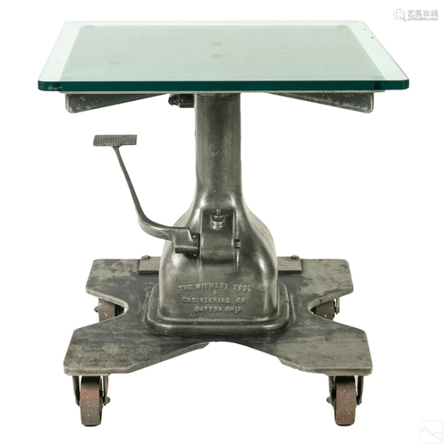 Industrial Glass Top & Steel Pneumatic Base Table