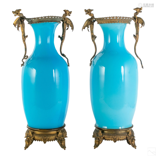 19th C. French Blue Opaline and Bronze Dragon Urns