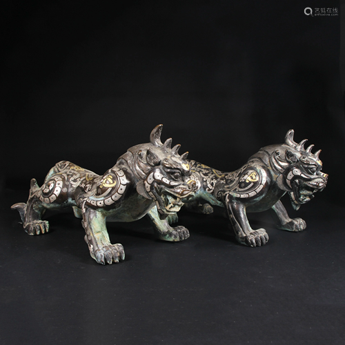 Pair Gold and Silver Inlaid Bronze Beast Paper Weights