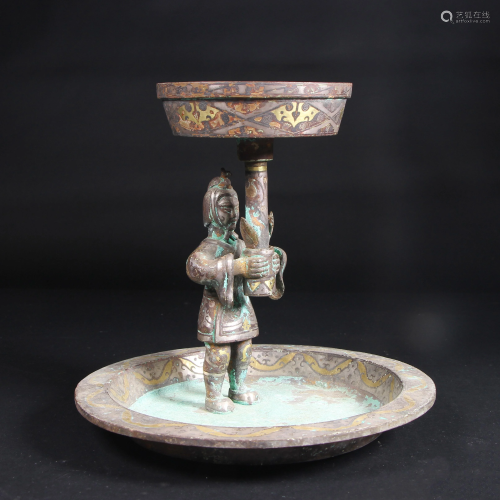 Gold and Silver Inlaid Bronze Candlestick
