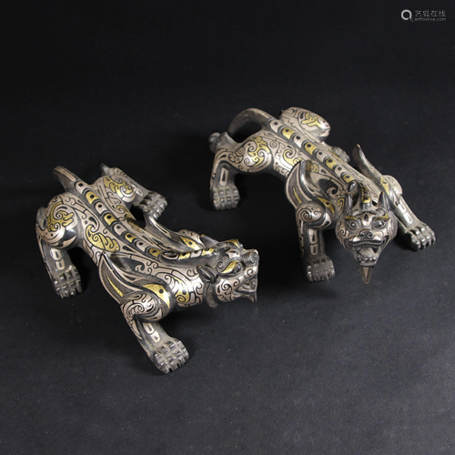 Pair Gold and Silver Inlaid Bronze Paper Weights