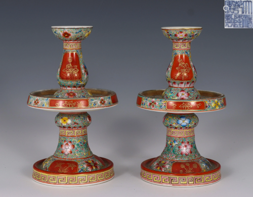 Pair Famille Rose and Gilt Floral Scrolls Candlesticks
