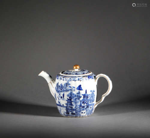 Blue and White Landscape Ewer from Qing Dynasty