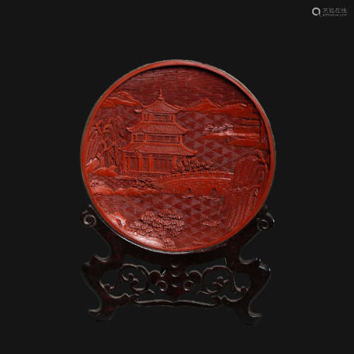 A Red Scenery Plate from Qing Dynasty