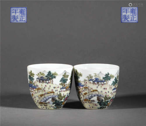 Landscape and Characters Wine Cups in Qing Dynasty