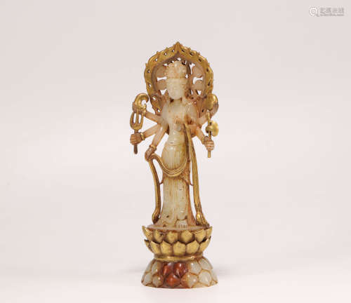 Hetian Jade of Painted Gold Avalkitesvara with Six Arms in T...