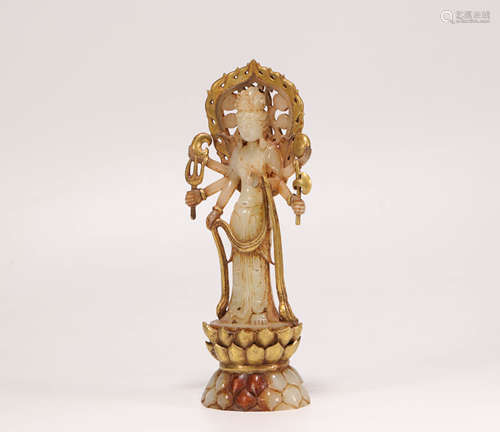 Hetian Jade of Painted Gold Avalkitesvara with Six Arms in T...