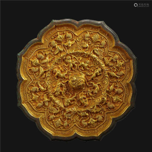 Copper Beast Pattern Mirror Covered with Gold in Han Dynasty
