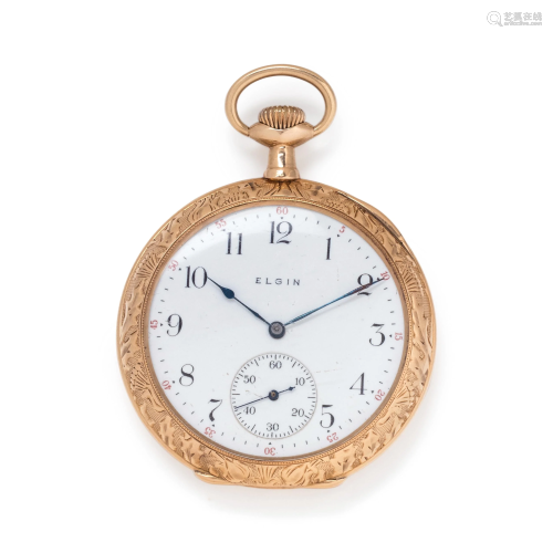 ELGIN, 14K YELLOW GOLD OPEN FACE POCKET WATCH WITH